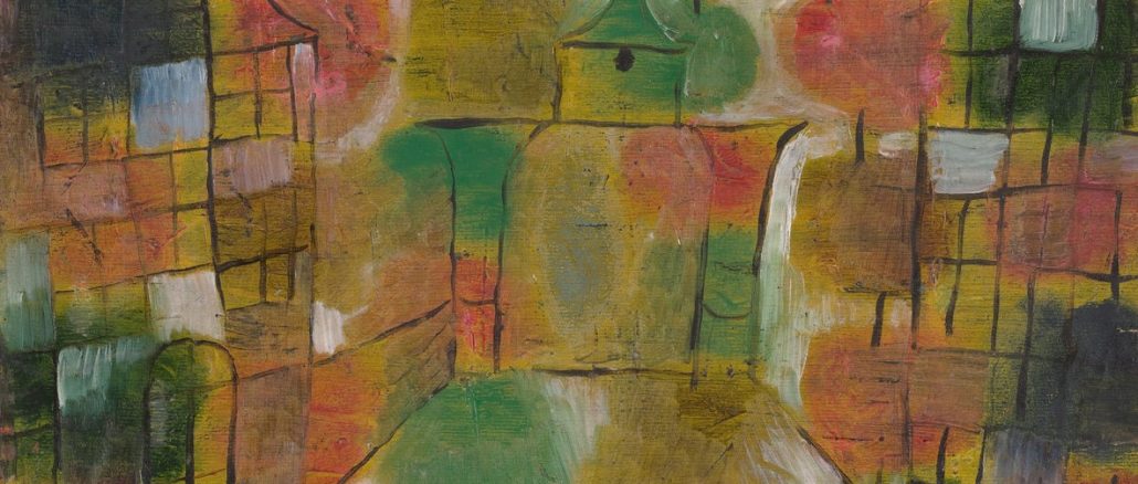 Paul Klee, "Baum und Architektur—Rhythmen (Tree and Architecture—Rhythms)," oil on paper, 1920, Gift of Benjamin and Lillian Hertzberg, National Gallery of Art.