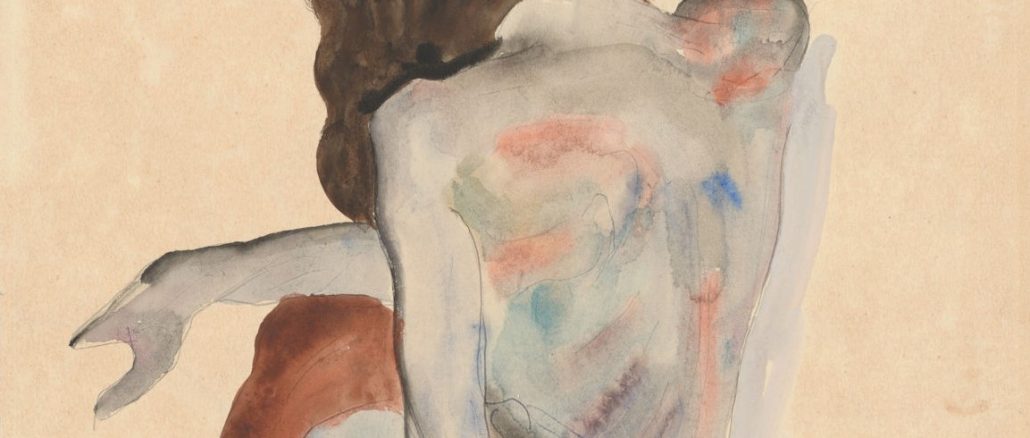 Egon Schiele, "Crouching Nude in Shoes and Black Stockings, Back View," watercolor, 1912, Bequest of Scofield Thayer, 1982, The Metropolitan Museum of Art.