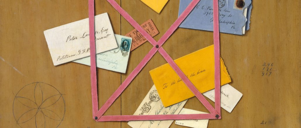 William Michael Harnett, "The Artist's Letter Rack," oil on canvas, 1879, Morris K. Jesup Fund, 1966, The Metropolitan Museum of Art.