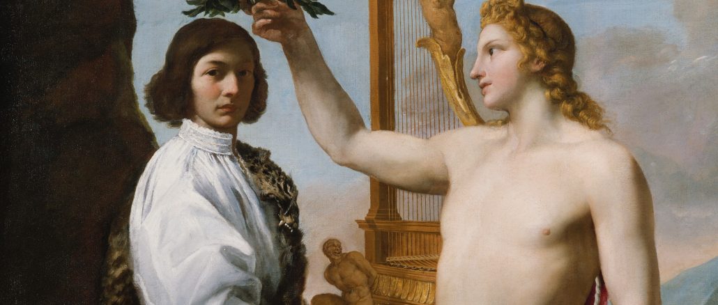 Andrea Sacchi, "Marcantonio (1614-1691) Crowned by Apollo," oil on canvas, 1641, Purchase, Enid A Haupt Gift and Gwynne Andrews Fund, 1981, The Metropolitan Museum of Art.