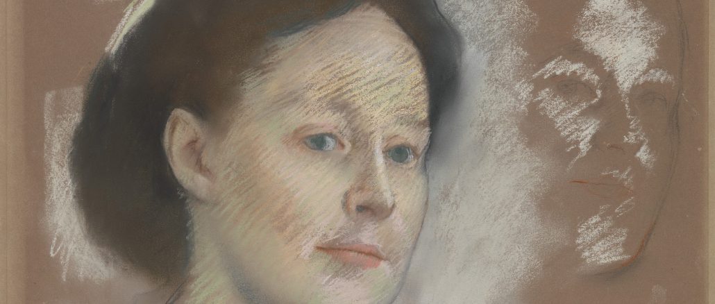 Edgar Degas, "The Artist's Cousin, Probably Mrs. William Bell (Mathilde Musson, 1841-1878)," pastel on green woven paper, now darkened to brown, 1873, H. O. Havemeyer Collection, Bequest of Mrs. H. O. Havemeyer, 1929, The Metropolitan Museum of Art.