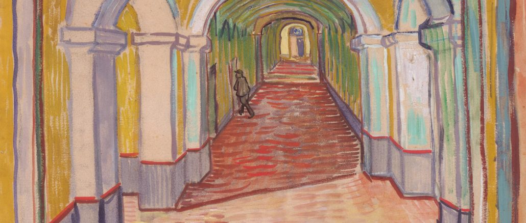 Vincent van Gogh, "Corridor in the Asylum," oil color and essence over black chalk on pink laid ("Ingres") paper, September 1889, Bequest of Abby Aldrich Rockefeller, 1948, The Metropolitan Museum of Art.