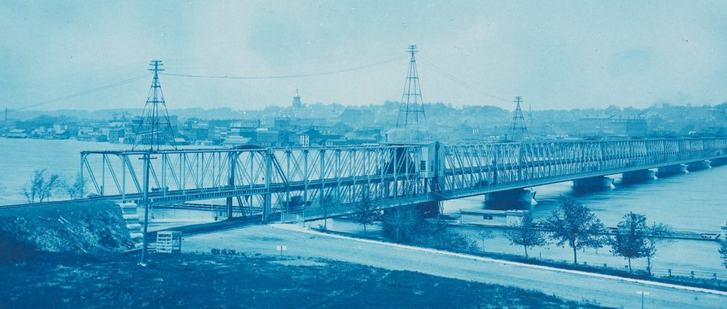 Henry P. Bosse, "No. 201. U.S. Government Bridge at Rock Island, Illinois (High Water)," cyanotype, 1888, gift of Charles Wehrenberg and Sally Larsen, 2014, The Metropolitan Museum of Art.