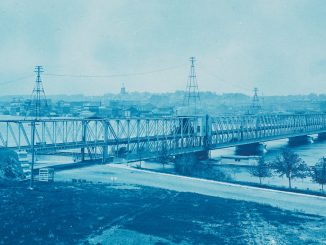 Henry P. Bosse, "No. 201. U.S. Government Bridge at Rock Island, Illinois (High Water)," cyanotype, 1888, gift of Charles Wehrenberg and Sally Larsen, 2014, The Metropolitan Museum of Art.