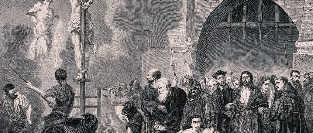An auto-da-fé of the Spanish Inquisition: the burning of heretics in a market place. Wood engraving by H.D. Linton after Bocourt after T. Robert-Fleury. Wellcome Collection.