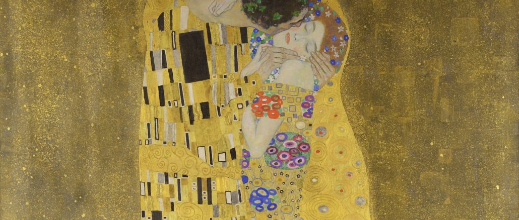 Gustav Klimt, "The Kiss," painting, 1907-1908, Österreichische Galerie Belvedere Museum.