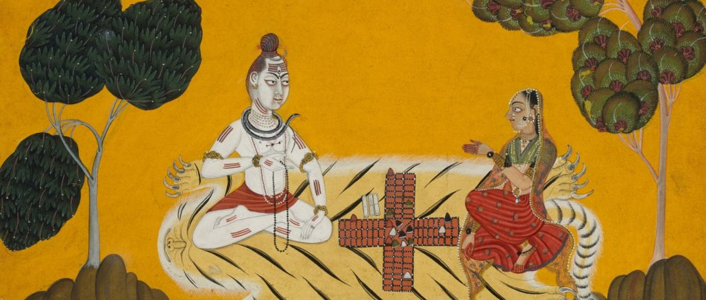 Devidasa of Nurpur, "Shiva and Parvati Playing Chaupar: Folio from a Rasamanjari Series," opaque watercolor, ink, silver, and gold on paper, 1694-95. The Metropolitan Museum of Art.