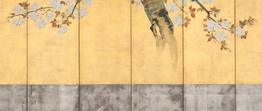 Sakai Hōitsu, "Blossoming Cherry Trees," pair of six-panel folding screens; ink, color, and gold leaf on paper; ca. 1805. Mary Griggs Burke Collection. Gift of the Mary Jackson Burke Foundation, 2015. The Metropolitan Museum of Art.